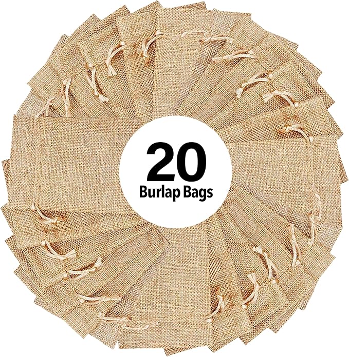 Mandala Crafts 3X4 Inch Plain Burlap Drawstring Gift Bags for Favors - 20 Mini Linen Sacks Gift Pouches for Candy, Jewelry, Wedding, and Party Supplies