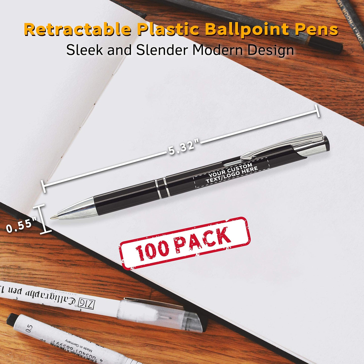 DISCOUNT PROMOS Personalized Retractable Plastic Ballpoint Pens - 100 pack - Plastic Pens - Customizable Text, Logo - Black