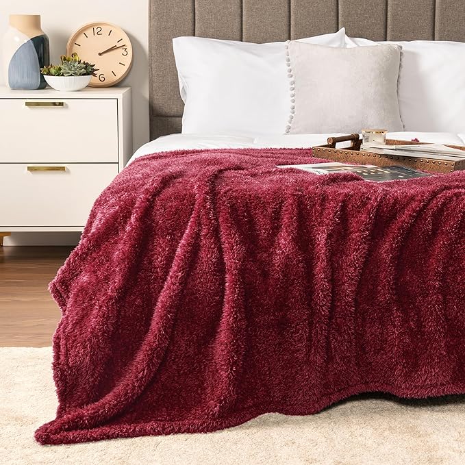 PAVILIA Sherpa Throw Blanket for Couch Sofa, Wine Red Fluffy Warm Plush Blanket for Twin Bed, Cozy Super Soft Lightweight Throw, Fuzzy Decorative Blanket, All Season Home, 60x80