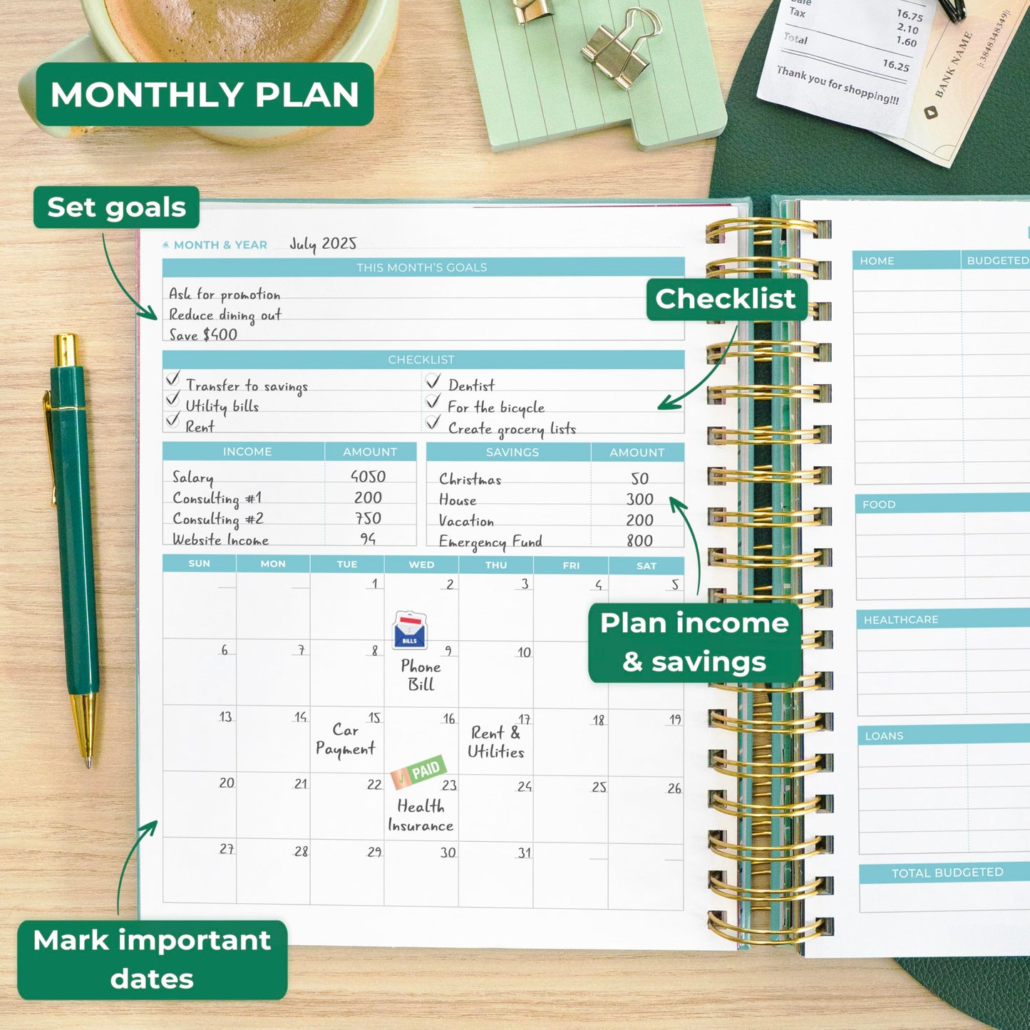 Clever Fox Budget Planner & Monthly Bill Organizer With Pockets. Expense Tracker, Budgeting Journal & Financial Book. Large, 8x9.5" (Turquoise)