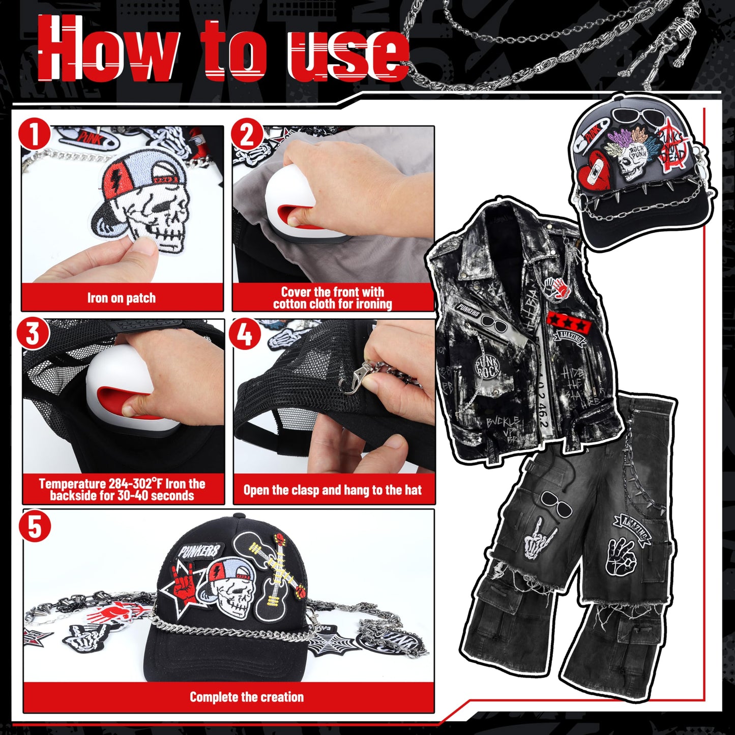Meneng Punk Chains Kit for Men: 24PCS Black Hats Pants Chain with Embroidered Patch - Goth Hip Hop DIY Crafts for Jeans Wallets Belts Pockets Trucker Hats