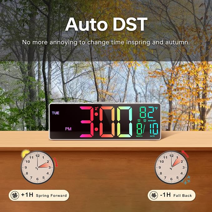 JALL 10.5'' Large Digital Alarm Clock with Big LED Number, Remote Control, RGB Colors,Timer, Dual Alarm, Temperature for Back to School Classroom, Bedroom, Living Room, Gift for Senior Student Teacher