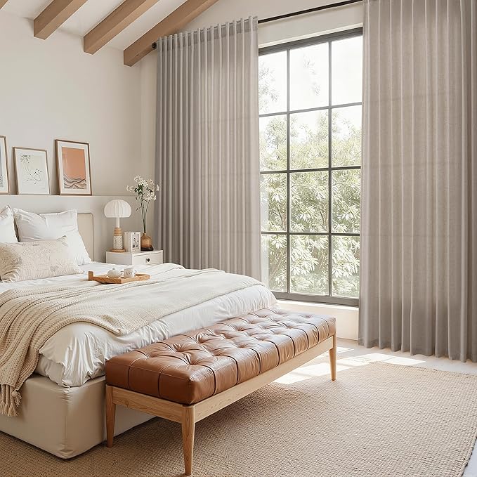 Nanspring 108 Inch Long Curtains for Living Room Ecru Linen Blend Light Filtering Semi Sheer Curtain Back Tab Rustic Decor Natural Farmhouse Floor to Ceiling High Window for Bedroom 52x108, 2 Panels