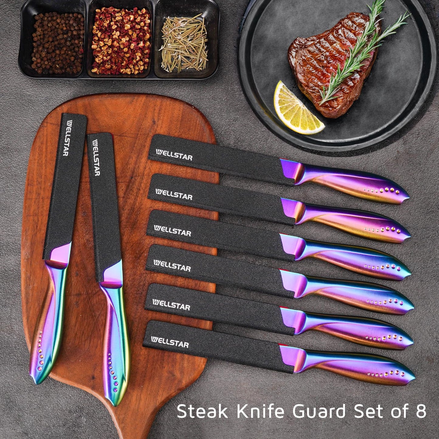 WELLSTAR Steak Knife Edge Guards Set, 8 Piece Universal Blade Covers, BPA Free ABS Protective Blade Sheaths, Non-Scratch Felt Lining Kitchen Utility or Steak Knives Covers (Knives not included)