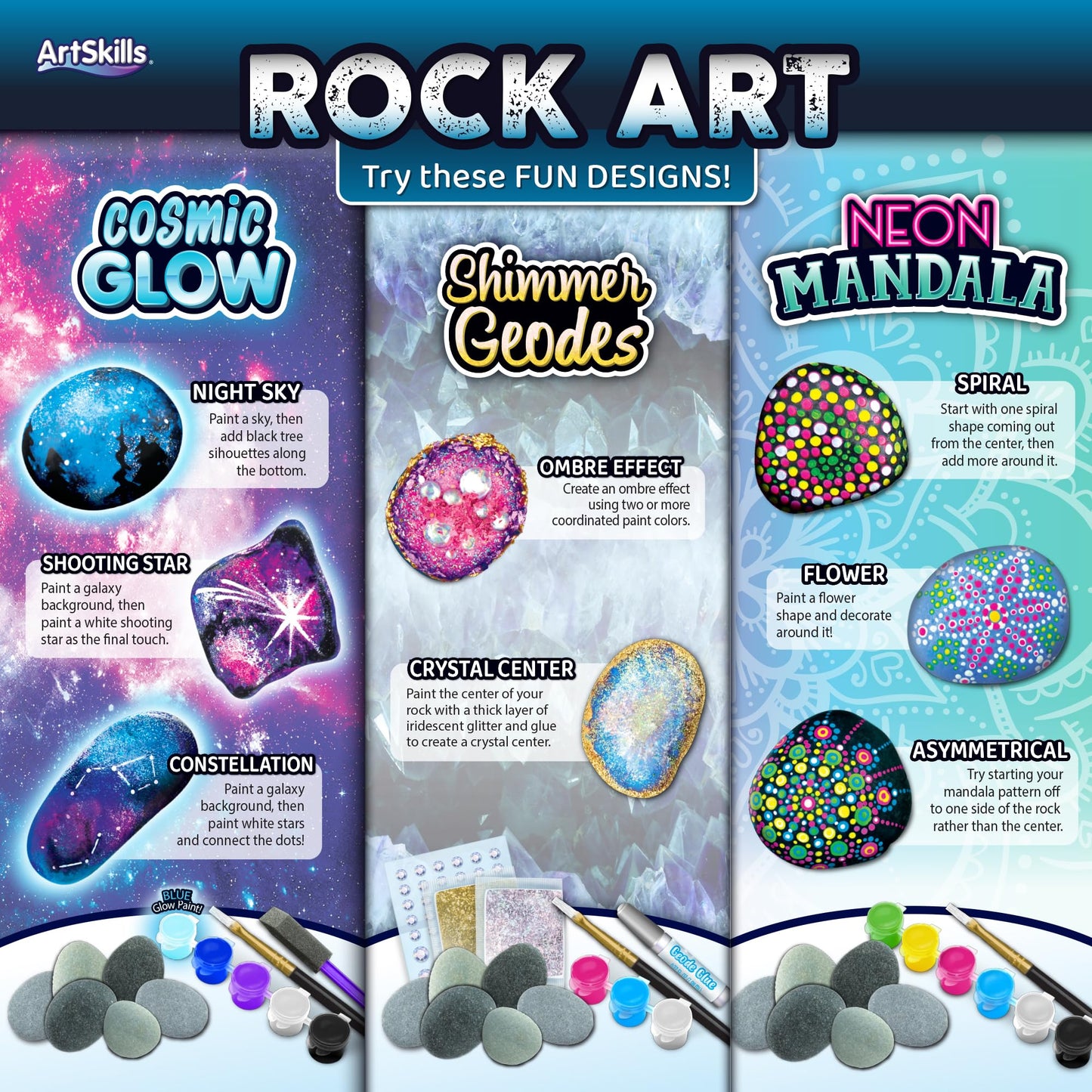 ArtSkills Rock Painting Kit - 18 Rocks - Geode, Mandala & Glow in the Dark Rock Painting, Arts and Crafts for Kids