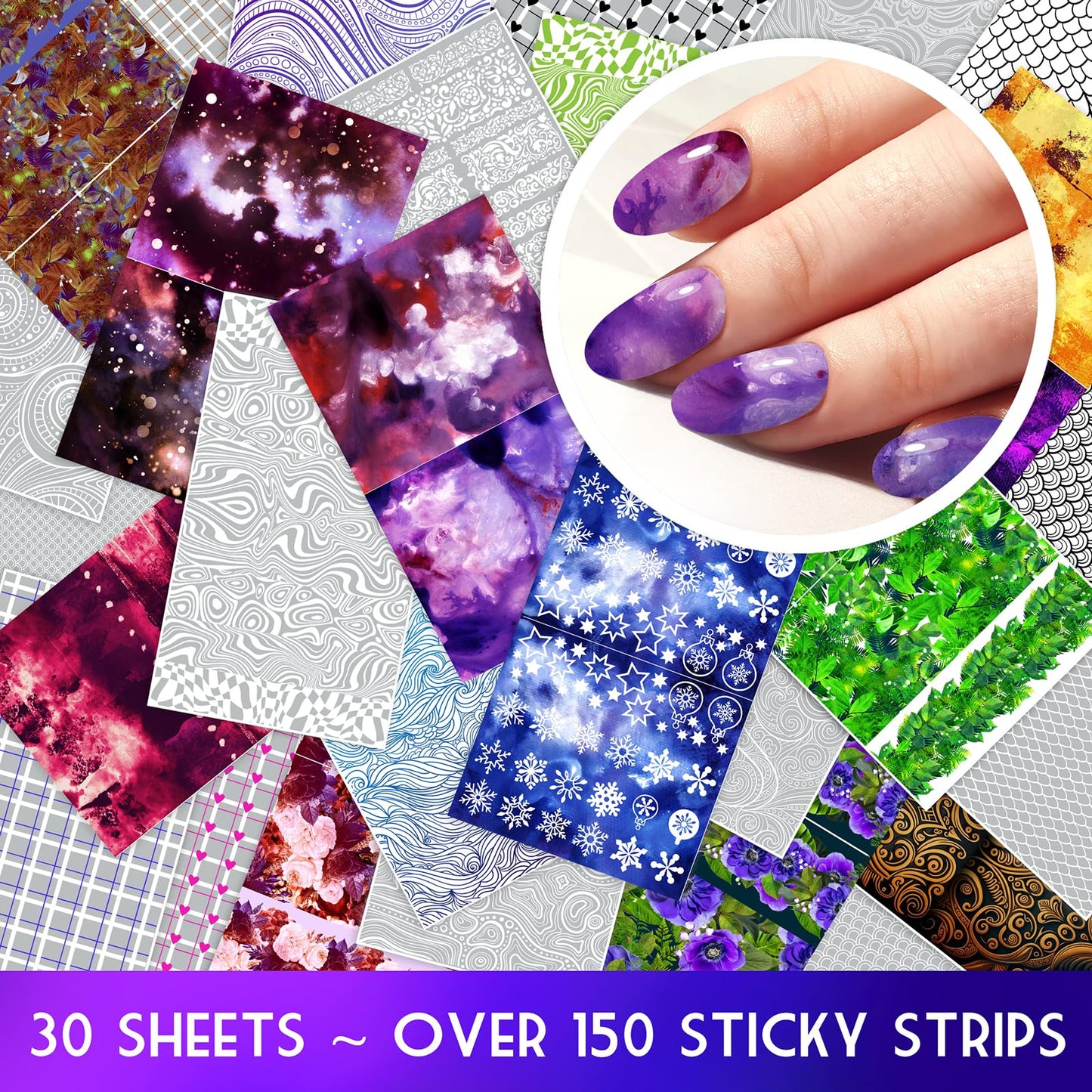 30 Sheets Nail Stickers Collection ~ Cosmic Abstract Patterns ~ Galaxy Textures Watercolor Clouds Leaves Snowflakes and Graphic Elements in Vibrant Modern Style Creating Bold Manicure Decals