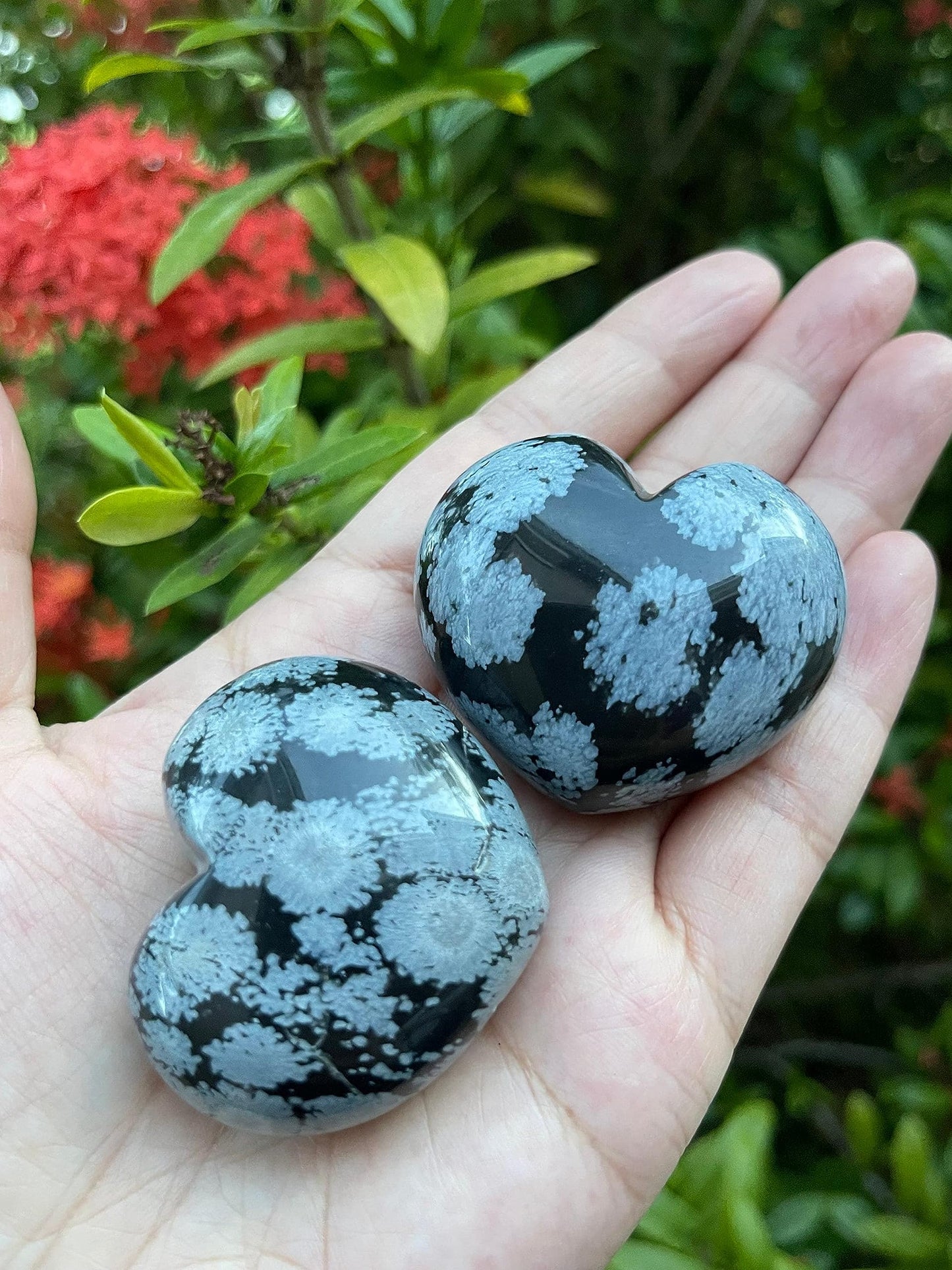 GAF TREASURES Snowflake Obsidian Gemstone Hearts, Polished Snowflake Obsidian Puffy Hearts, Snowflake Obsidian Crystal Palm Stone, Snowflake Obsidian Healing Crystal Hearts (1 Heart)