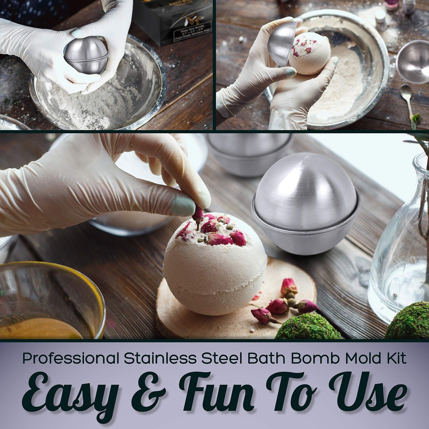 Stainless Steel Bath Bomb Molding Set-3 Metal Round Bath Bomb Molds (6 Half Spheres)- DIY Professional Molds for Fizzy Bombs: Instructional Pamphlet, E-Book & Mesh Storage Bag- Starter Kit