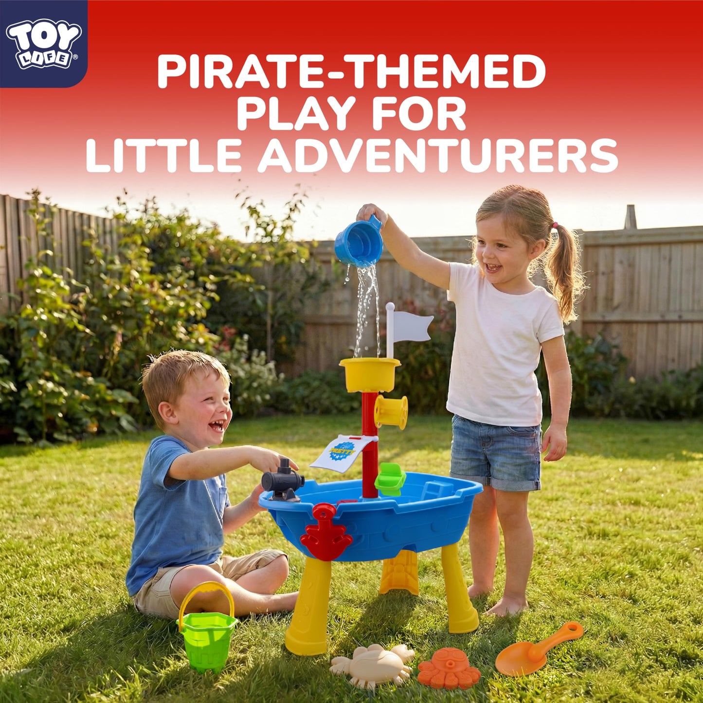 TOY Life Pirate Ship Water Table Set with 13 Gold Coins, 10 Gems, 6 Molds, 3 Shovels and Cup, Sand and Water Play Table for Kids, Indoor and Outdoor Use