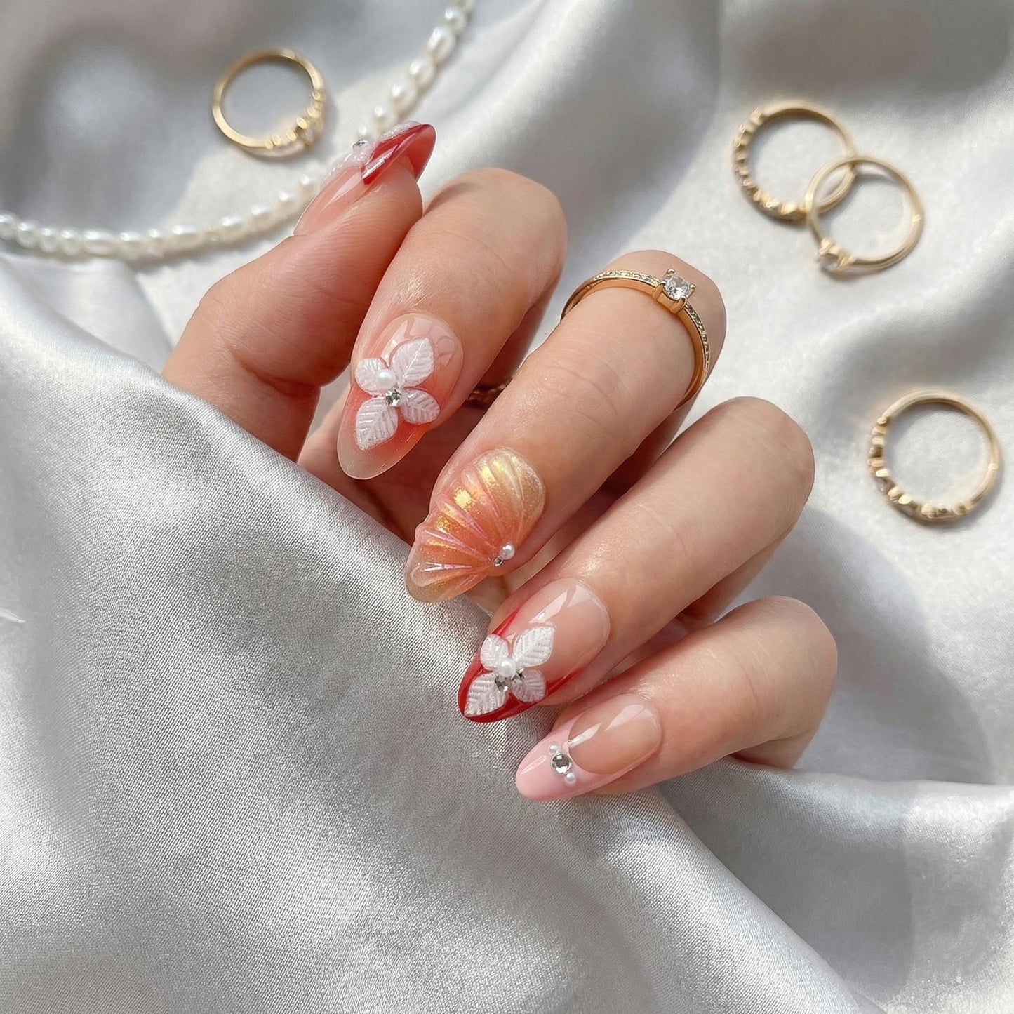 Almond Press on Nails Long Fake Nails Red Artificial Nail SEENEEY Flowers Pearl Cute Stick on Nail for Women 24pcs