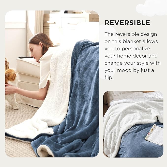 Bedsure Sherpa Fleece Oversized Cal King Blankets for Bed - Thick and Warm, Soft Fuzzy Plush Large Blanket for Winter, Slate Blue, 112x98 Inches