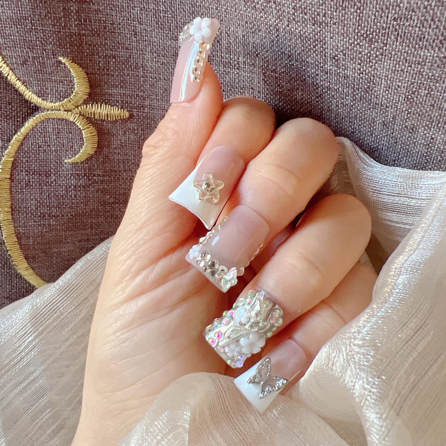 NAIL ANGEL 10PCS/SET Glamorous Handmade Press On Nails Leopard Prints Butterfly Rhinestones French Style Duck Nails Party Nails Duckbill Artifical Tips ZJ16/17 (ZJ-17, M)
