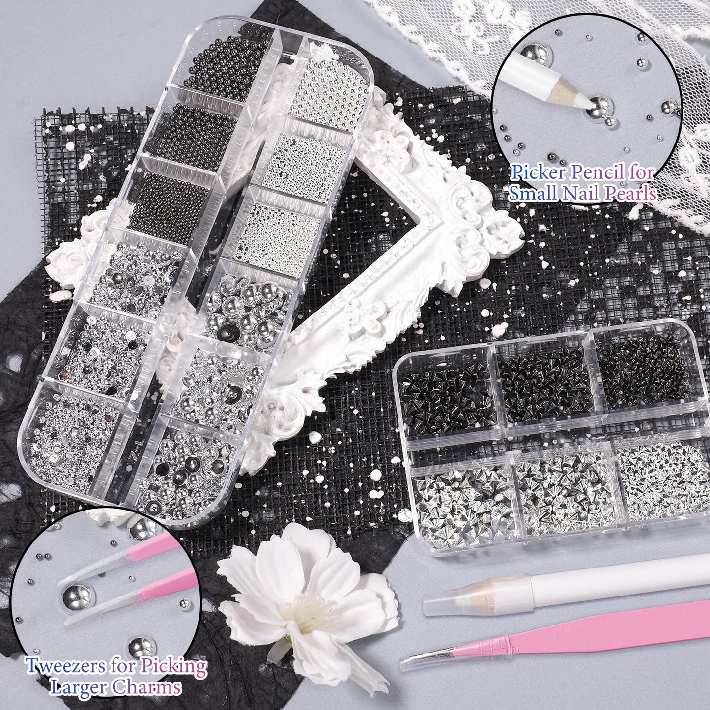 2 Boxes Spike Nail Charms 3D Mini Metal Punk Nail Art Studs, Mixed Sizes Black Silver Cone Spikes Nail Rivets Round Steel Ball, Goth Punk Half ABS Pearls for Nails DIY Accessories
