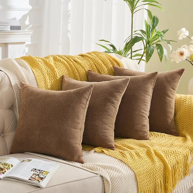 GAWAMAY Decorative Square Throw Pillow Covers 18x18 Inch Set of 4, Super Soft Chenille Pillows Cover Fall Pillowcase for Living Room Bedroom Sofa Couch Cushion Cover Brown 45x45cm (No Inserts)