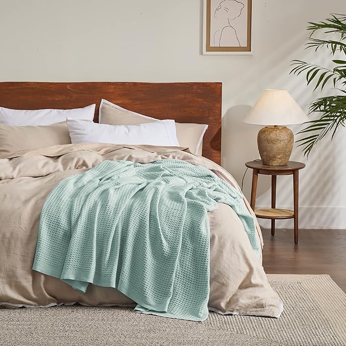 Bedsure 100% Cotton Blanket Twin XL Size for Bed - Breathable and Soft, Waffle Weave Blanket for Summer Spring, Mint, 66x90 inches