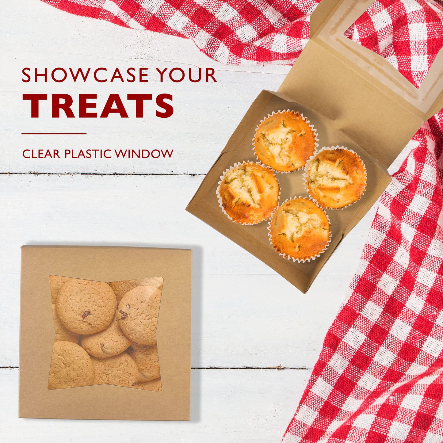 Fit Meal Prep 25 Pack Bakery Boxes with Window 6x6x3 Kraft Cake Box Cardboard Bakery Packaging for Cupcake, Cookies and Pastry, Treat Box Pie Box for Valentine's Day, Christmas
