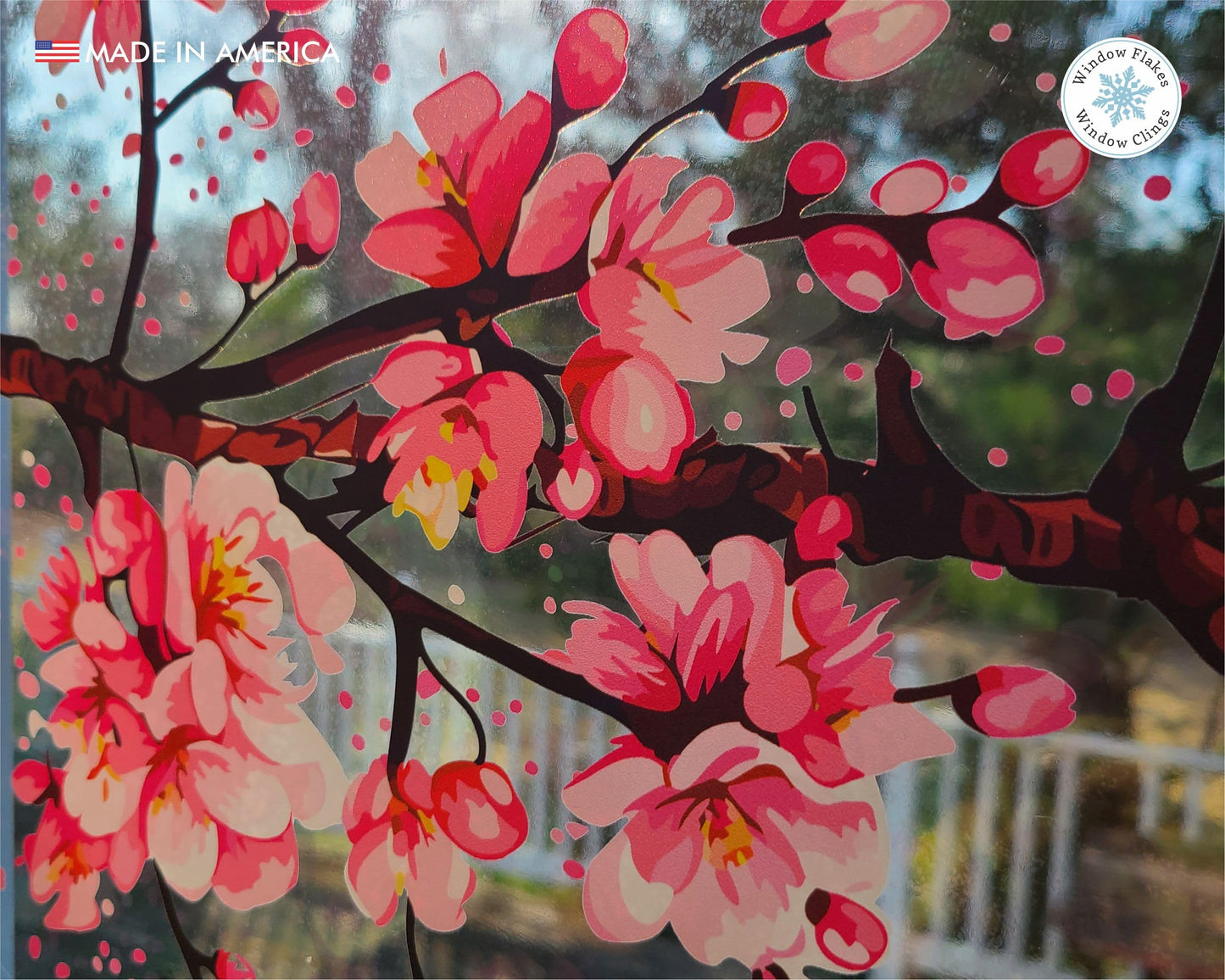 Window Flakes Cherry Blossom Window Clings - 2 Large 40" x 12" Spring Floral Border Decals - Double Sided UV Print Static Cling for Glass - Bird Strike Prevention Sakura Branch Decor - Made in USA