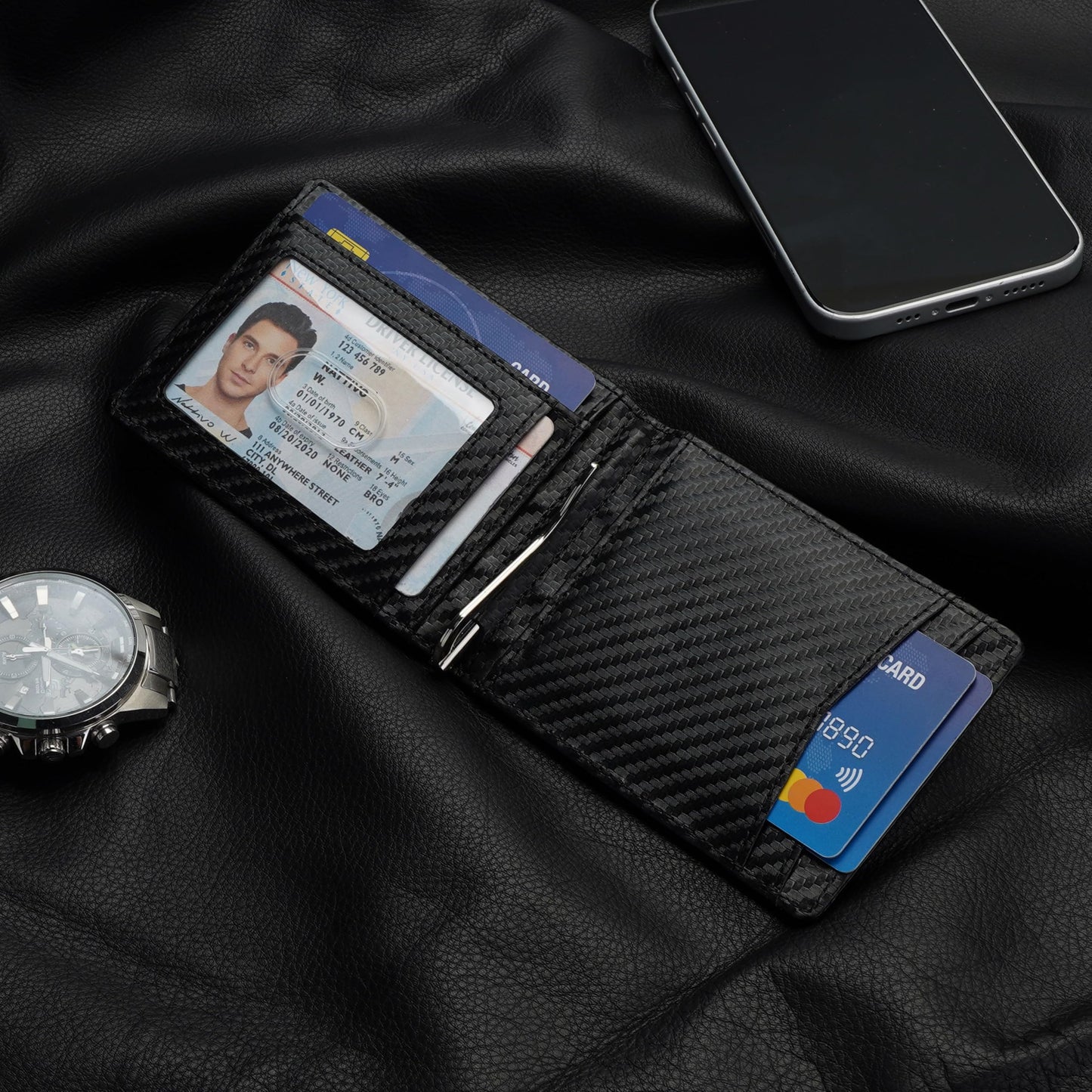 ZOELON Slim RFID Wallet for Men – Front Pocket Bifold with Money Clip & ID Window, Carbon Fiber Look, Gift Box
