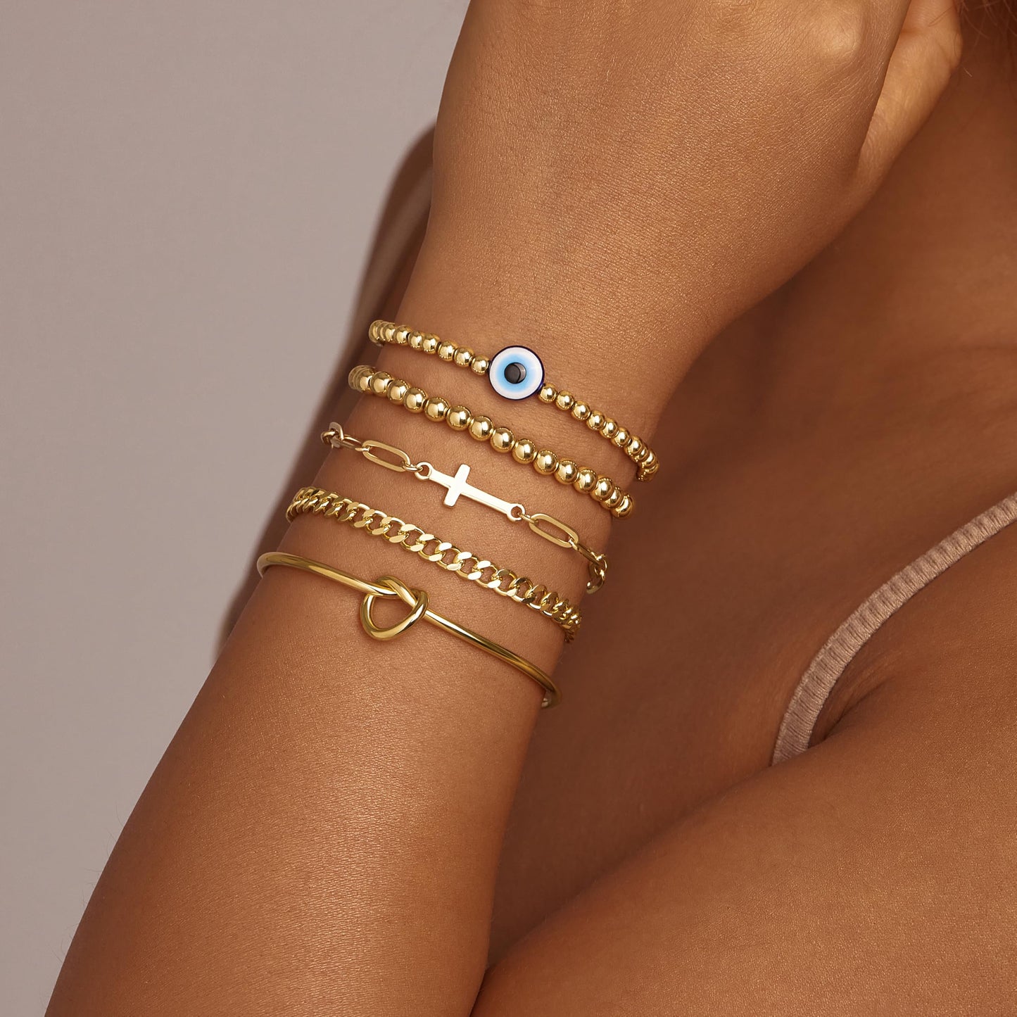 Poxtex Gold Plated Bracelets for Women, Dainty Bracelets for Women Trendy Stack With Heart, Beaded, Cuban, Paperclip, Cross, CZ Chain, Evil Eye Chain
