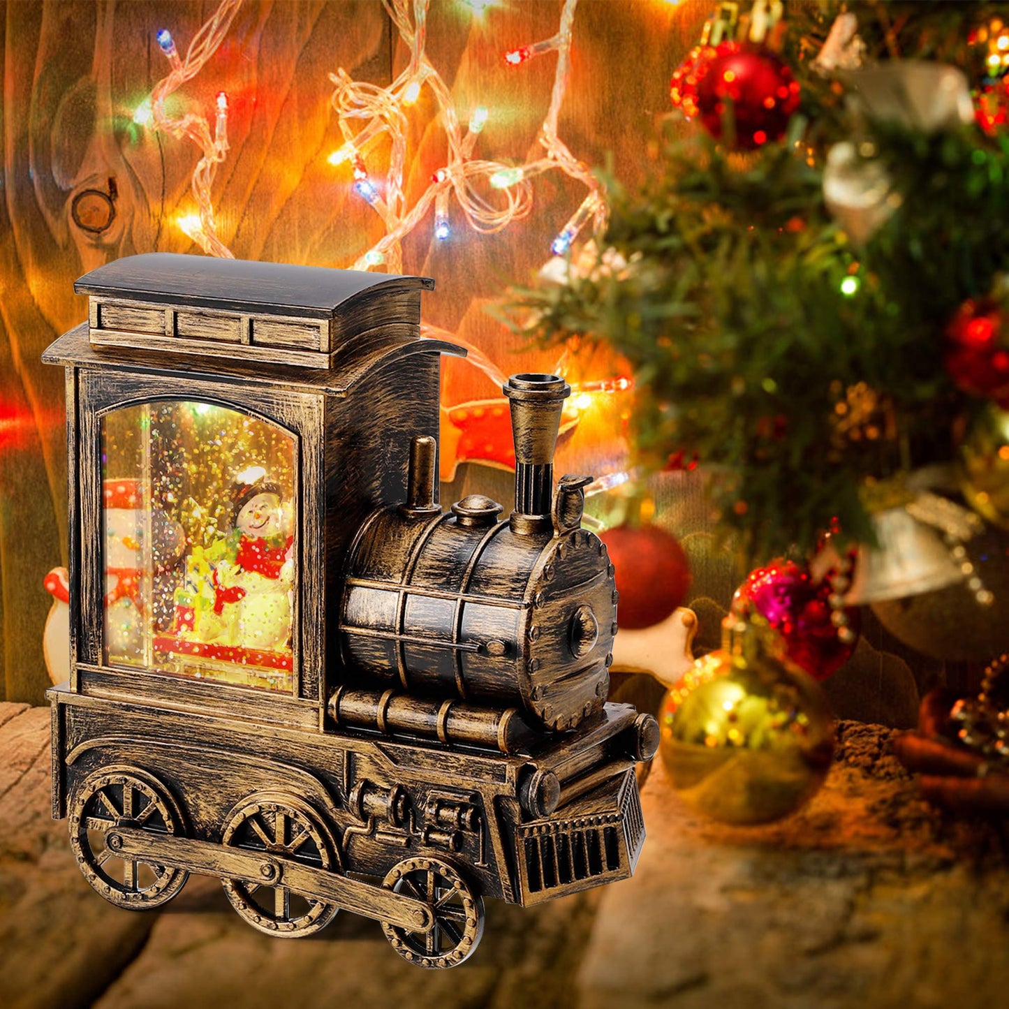 IPOW Christmas Snow Globe Lantern Train with Santa Sleigh Projection, Water Swirling Glitter Musical and Lighted USB Powered & Battery Operated Music Box for Christmas Home Decoration Gift