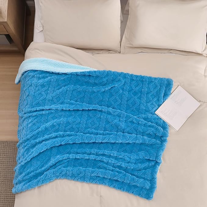 Bedsure Sherpa Fleece Throw Blanket for Couch - GentleSoft Fluffy & Cozy Cable Jacquard Tufted Throw for Women Gift, Thick and Warm Blankets for Winter, Horizon Blue, 50x60 Inches