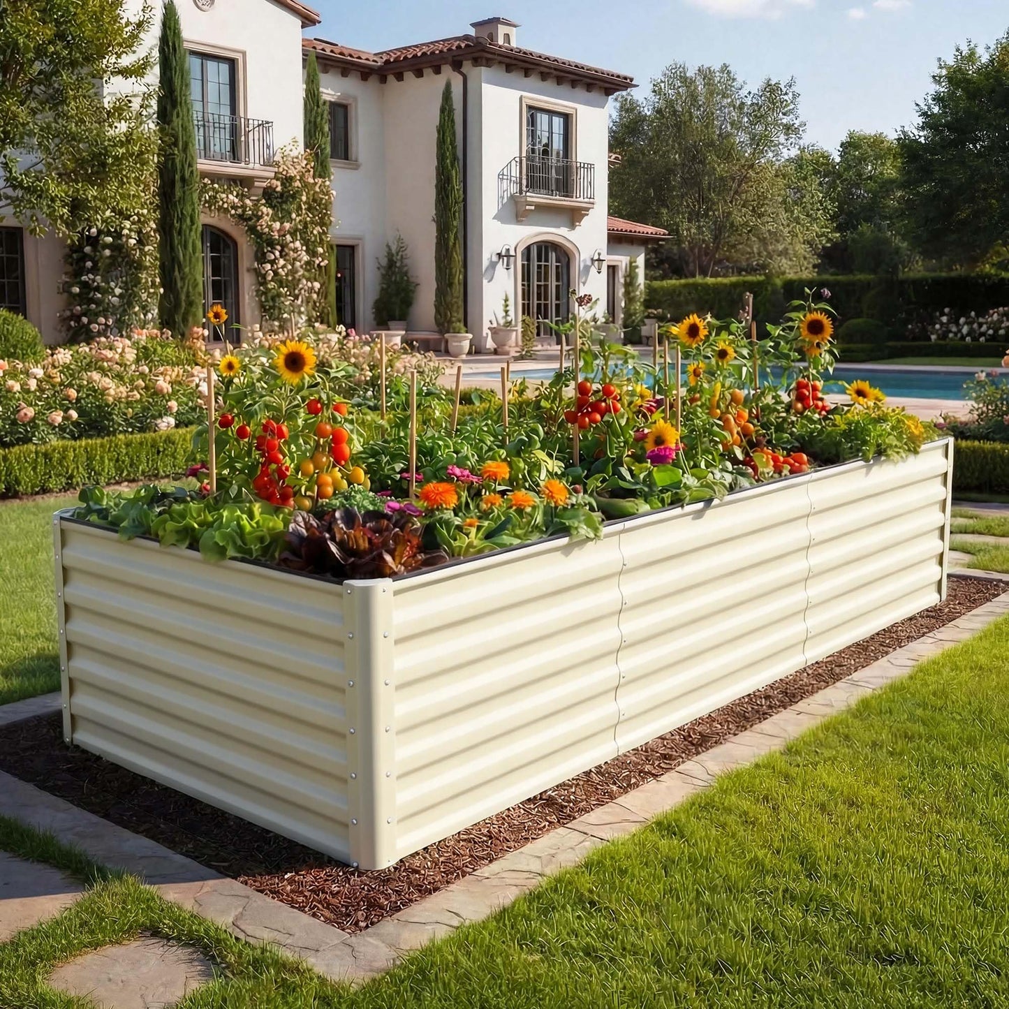 YITAHOME 8x4x2ft 2pcs Large Raised Garden Bed Kit, Galvanized Metal Planter Box with Gloves & Safety Rubber, Outdoor Above Ground Planters for Plants Vegetables Flowers, Cream Yellow