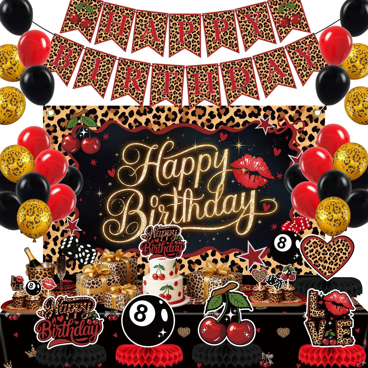 Red Black Cheetah Print Cherry Birthday Decorations Kit - Leopard Birthday Party Decor with Pre-Strung Banner Backdrop Tablecloth Balloons Cake & Cupcake Toppers, Prefect for Girls Women Big Mama