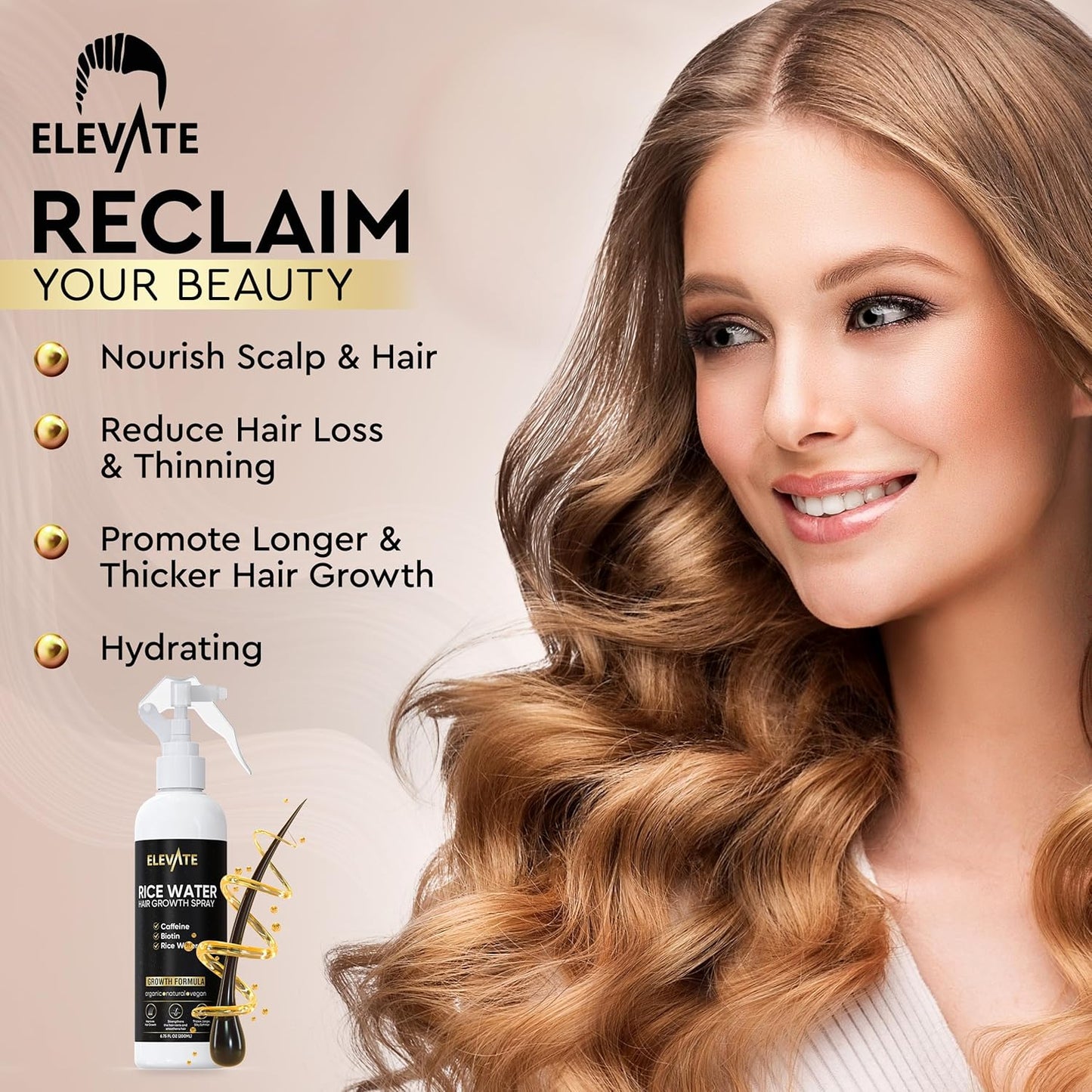 Elevate Rice Water Hair Growth Spray - Infused with Biotin, Caffeine & Aloe Vera for Thicker, Longer, Softer Hair - Fermented Leave In Mist for Thinning, Damaged Hair - Vegan & Non-Greasy