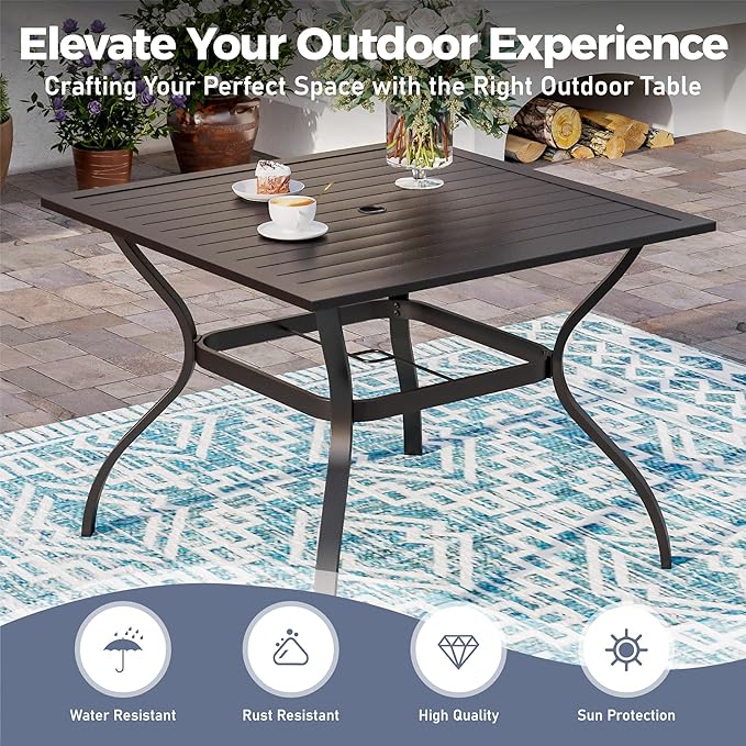 5 Piece Patio Dining Set for 4, 37”x37” Square Table with Umbrella Hole and 4 Metal Blue Chairs, Outdoor Table and Chairs Set for Lawn Backyard and Deck
