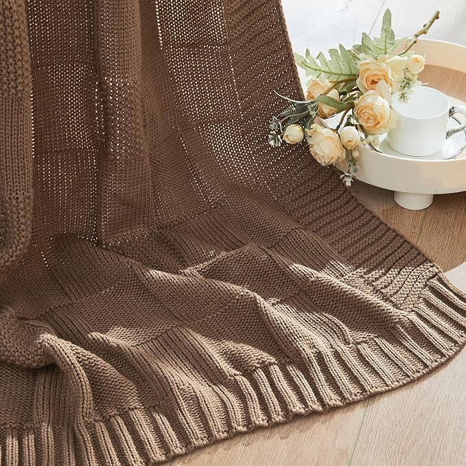 CozeCube Check Knit Throw Blanket, Light Brown Checkered Throw for Couch, Decorative Christmas Soft Cozy Warm Knitted Blanket for Bed Sofa Living Room, 50"X60"
