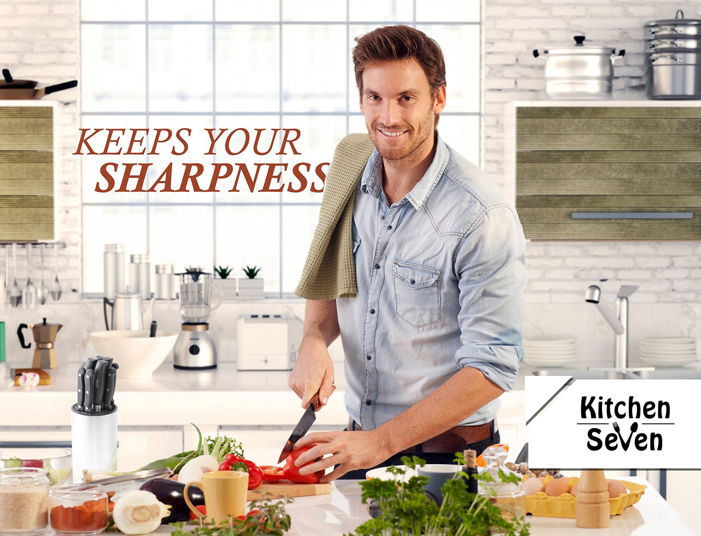 Kitchen Seven Universal Knife Block - Stainless Steel Kitchen Knife Holder Without Knives - Round Space -Saver Knife Storage Stand safely stores knives while keeping blades clean and sharp