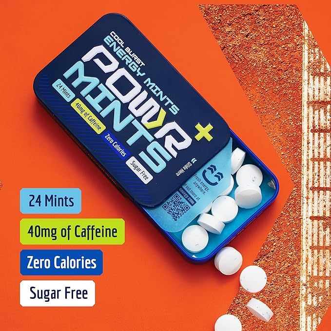 POWR Energy Mints - Pack of 4 Tins of 24 Mints(96 Total), 40mg of Caffeine Per Mint, Sugar Free, Zero Calories, No Aspartame - Pre-Workout, Cycling, Running, Endurance - Focus & Energy
