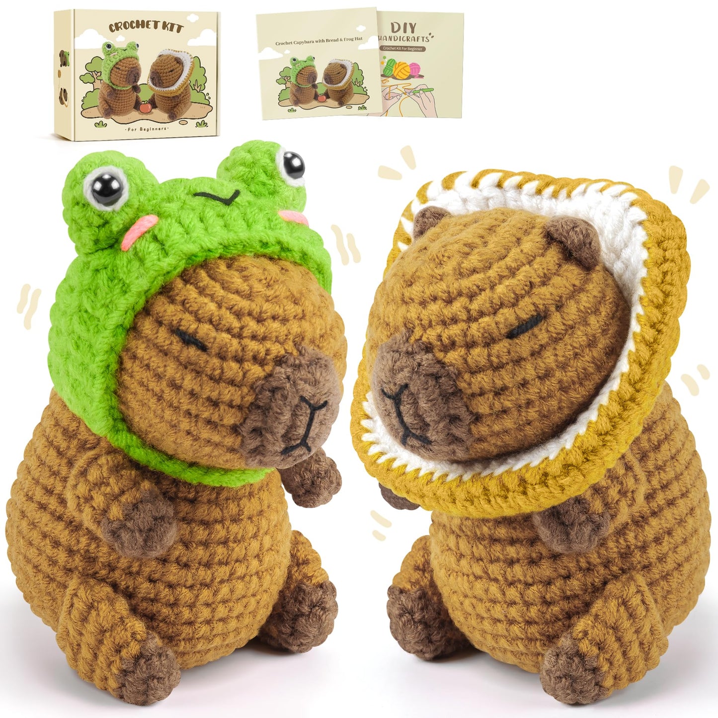 Capybara Crochet Kit for Beginners, 2PCS Capybara with Frog and Bread Hats Crochet Animal Kit with Step-by-Step Video Tutorials, Starters Crocheting Kits for Adult, Animals Knitting Kit for Birthday