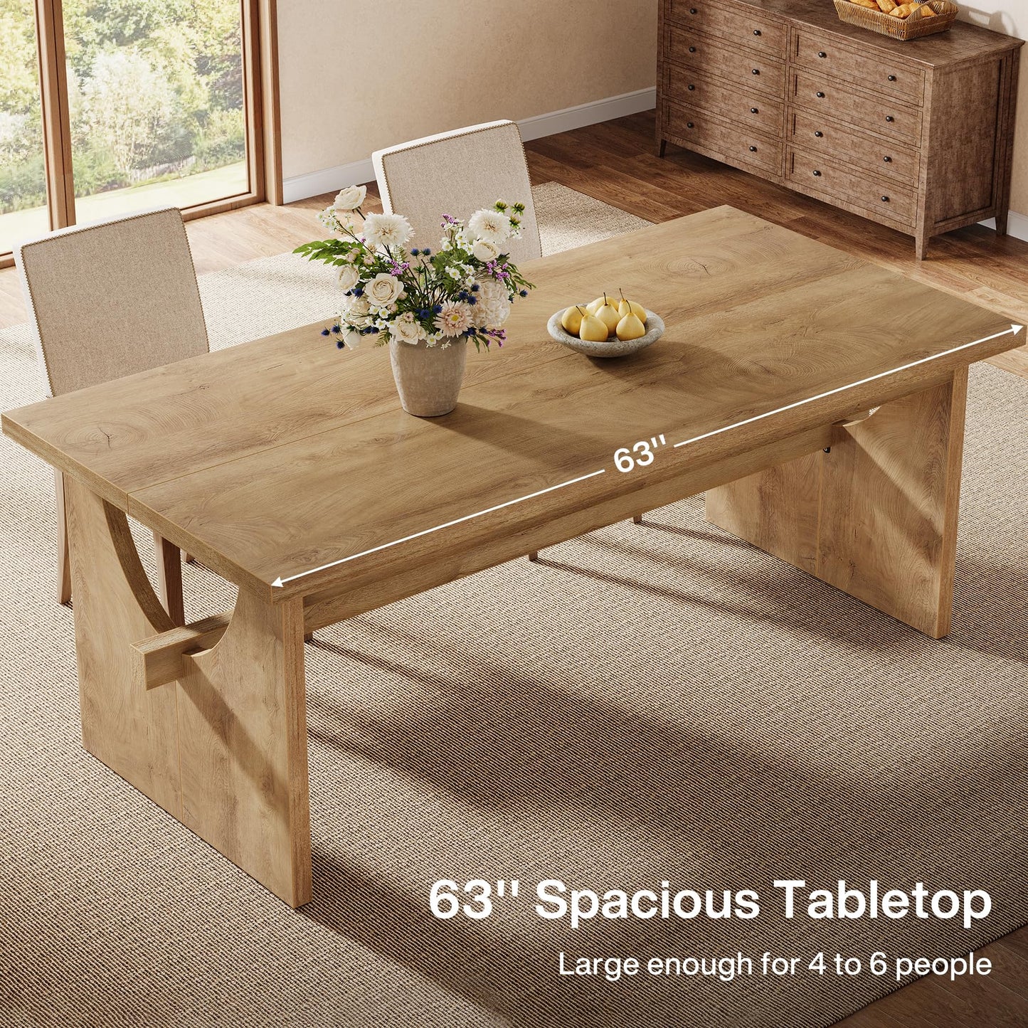 Tribesigns Farmhouse Dining Table for 4-6 People, 63" Large Rectangular Kitchen Dining Room Table with Heavy Duty Double Base for Kitchen Living Room, Rustic Brown