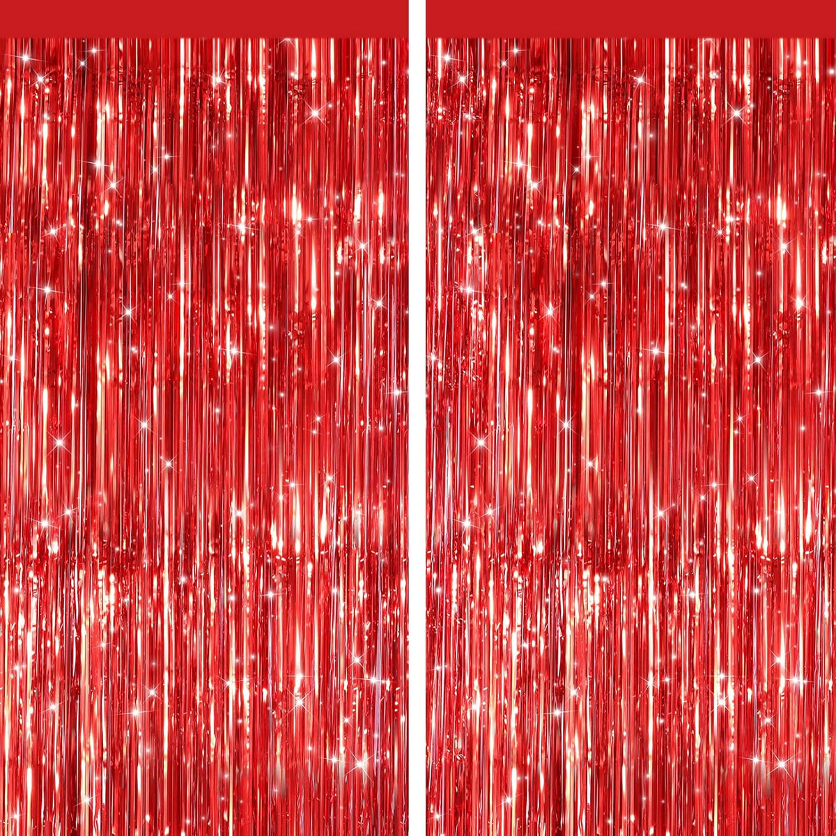 2 Pack Red Metallic Tinsel Foil Fringe Curtains, Door Streamers Photo Booth Backdrop for Birthday Party, Tinsel Curtain Backdrop for Baby Shower Bachelorette Christmas Party Decorations