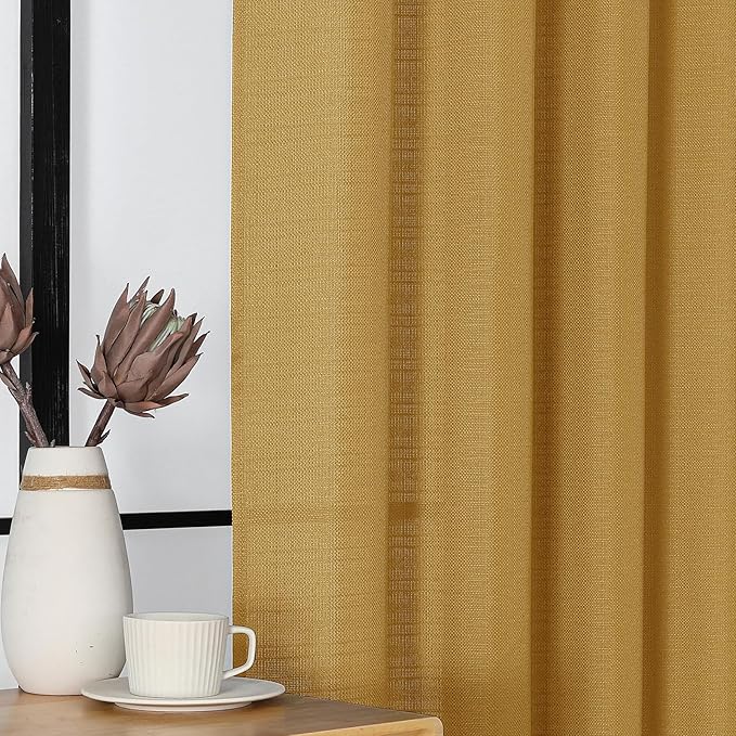 Chyhomenyc Gold Curtains 84 Inch Length 2 Panels Set, Faux Linen Textured Semi Sheer Light Filtering Soft Airy Privacy Farmhouse Curtain Drapes for Living Room Bedroom, Cortinas para Sala, 40Wx84L