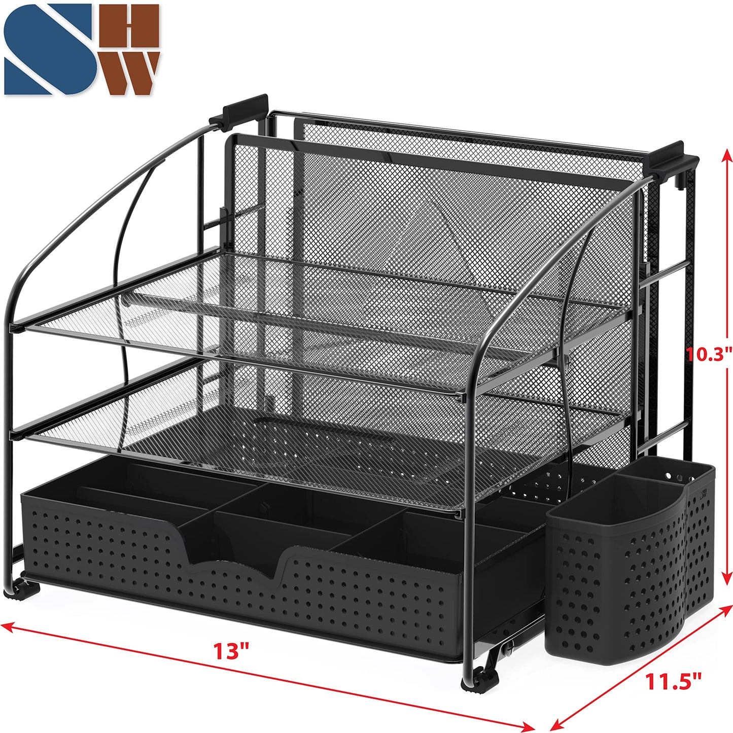 Simple Houseware 3-Tier Desk Organizer with Sliding Drawer, Hanging File Holder and Pen Holder Accessory, Black