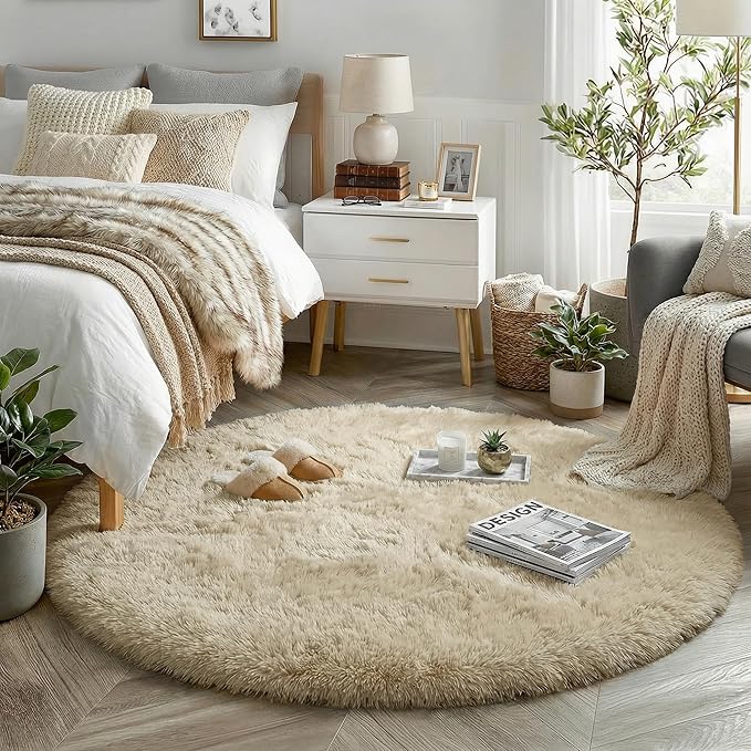 Amdrebio Beige Round Area Rug 6Ft for Living Room Bedroom, Fluffy Plush Shag Furry Circle Rugs for Kids Room Decor Aesthetic, Fuzzy Tan Neutral Circular Carpet for Baby Nursery Classroom Teens Dorm