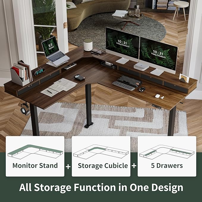 FEZIBO 75", 265lbs Load Capacity, L Shaped Standing Desk with Drawers, Reversible Electric Standing Gaming Desk Adjustable Height, Corner Stand up Desk with Splice Board, Black Frame/Black Walnut Top