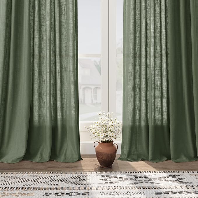 Nanspring Olive Green Linen Curtains for Living Room 2 Panels Set 80 Inch Length Back Tab Light Filtering Semi Sheer Curtain Drapes for Bedroom 52x80