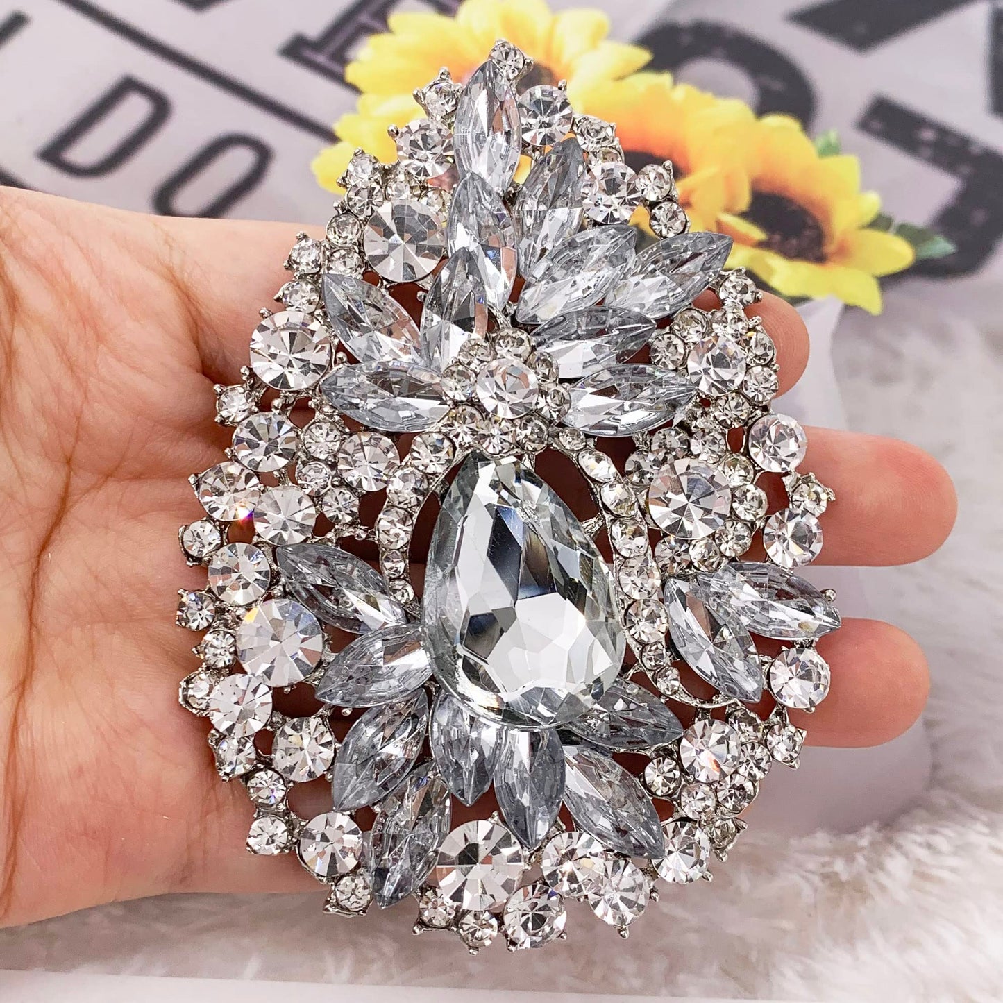 SELOVO Huge Big Large Flower Statement Brooches and Pins Scarf Decoration Gold Tone (Silver)