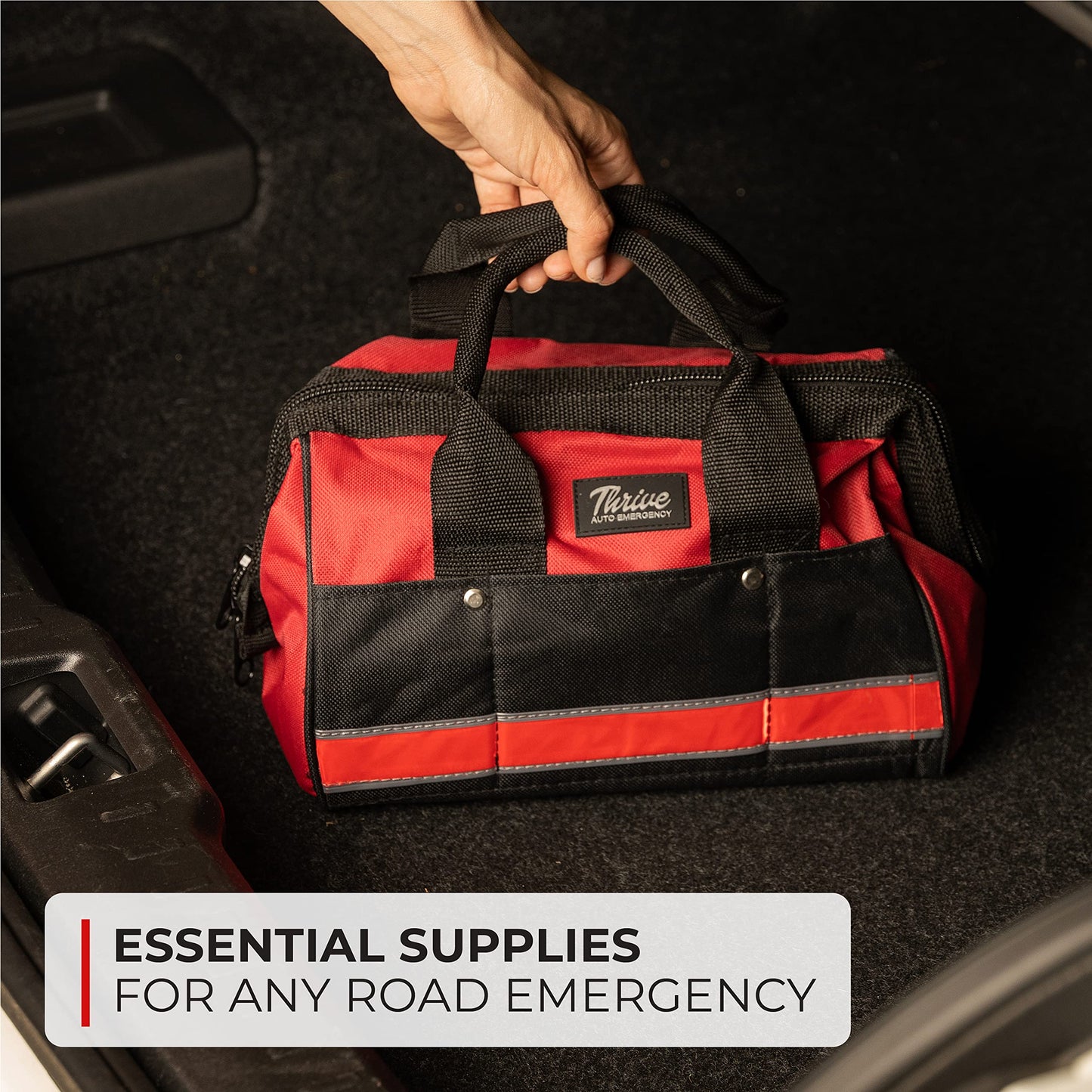Thrive Car Emergency Kit & Roadside Emergency Car Kit - 104-Piece Set, Red Canvas Bag, Universal Fit - Jumper Cables, Escape Hammer & Tire Gauge - Road Trip Essentials & Emergency Supplies