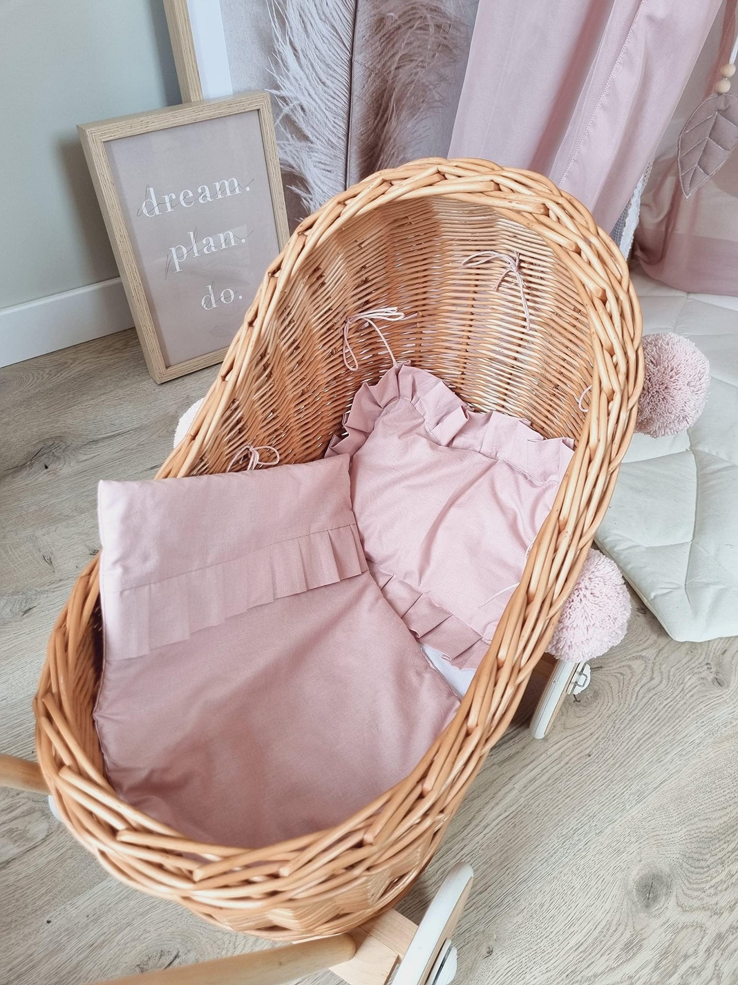 Wiklibox Natural Rattan Doll Stroller - Hand Made in Europe - Fits 17" Dolls & Plush Toys - Wicker Doll Pram & Baby Walker with Bedding Set - Perfect for Imaginative Play