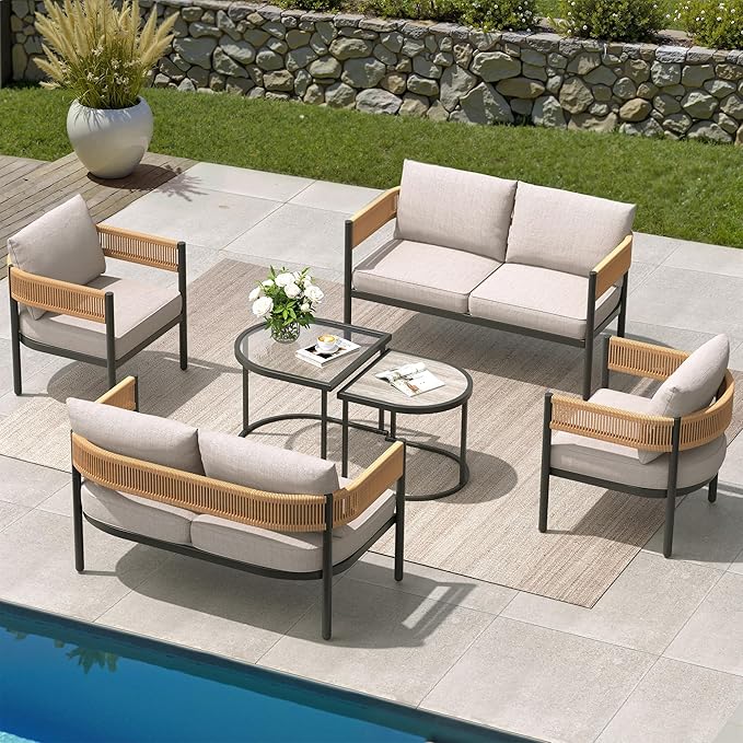 Grand patio 6-Piece Wicker Outdoor Furniture Set with Natural Thick Cushions and Coffee Table, Patio Sofa Conversation Set for Backyard, Balcony, Garden