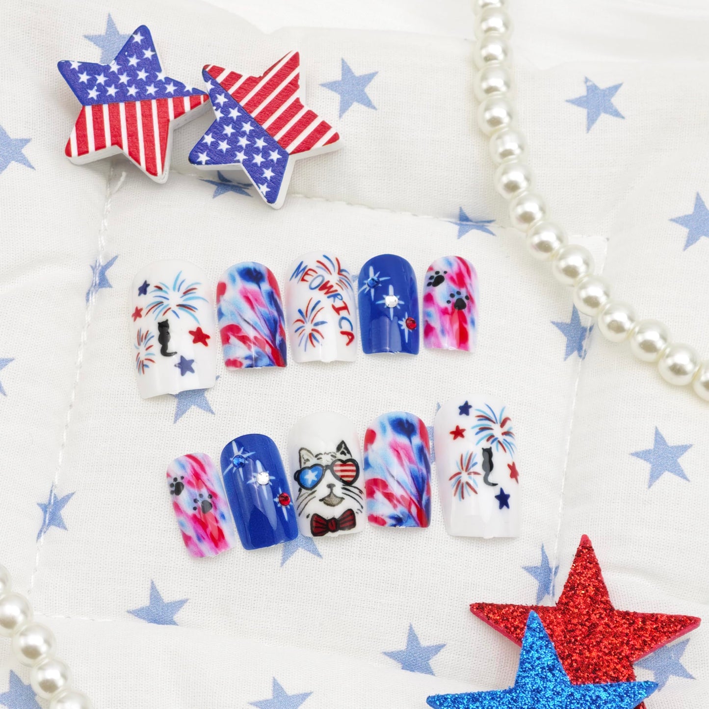 24Pcs 4th of July Press on Nails Short Square Fireworks Fake Nails American Flag with Red White Blue Marble Designs Patriotic Cat Glue on Nails Independence Day False Nails for Women Acrylic Manicure