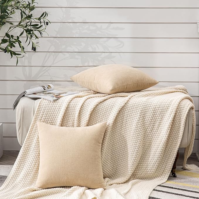 GAWAMAY Decorative Chenille Throw Pillow Covers 26x26 Inch Pack of 2, Soft Square Couch Pillow Cover for Sofa Cushion Living Room Bedroom Solid Dyed Oversized Pillowcases Beige 66x66cm (ONLY Covers)