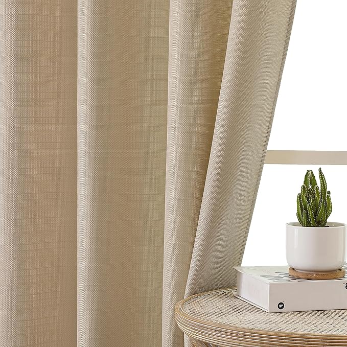 Chyhomenyc Camel Curtains 63 Inch Length 2 Panels, Faux Linen Textured Semi Sheer Light Filtering Soft Airy Rod Pocket Window Treatment Drapes for Living Room Bedroom, Each 40" Wx63 L