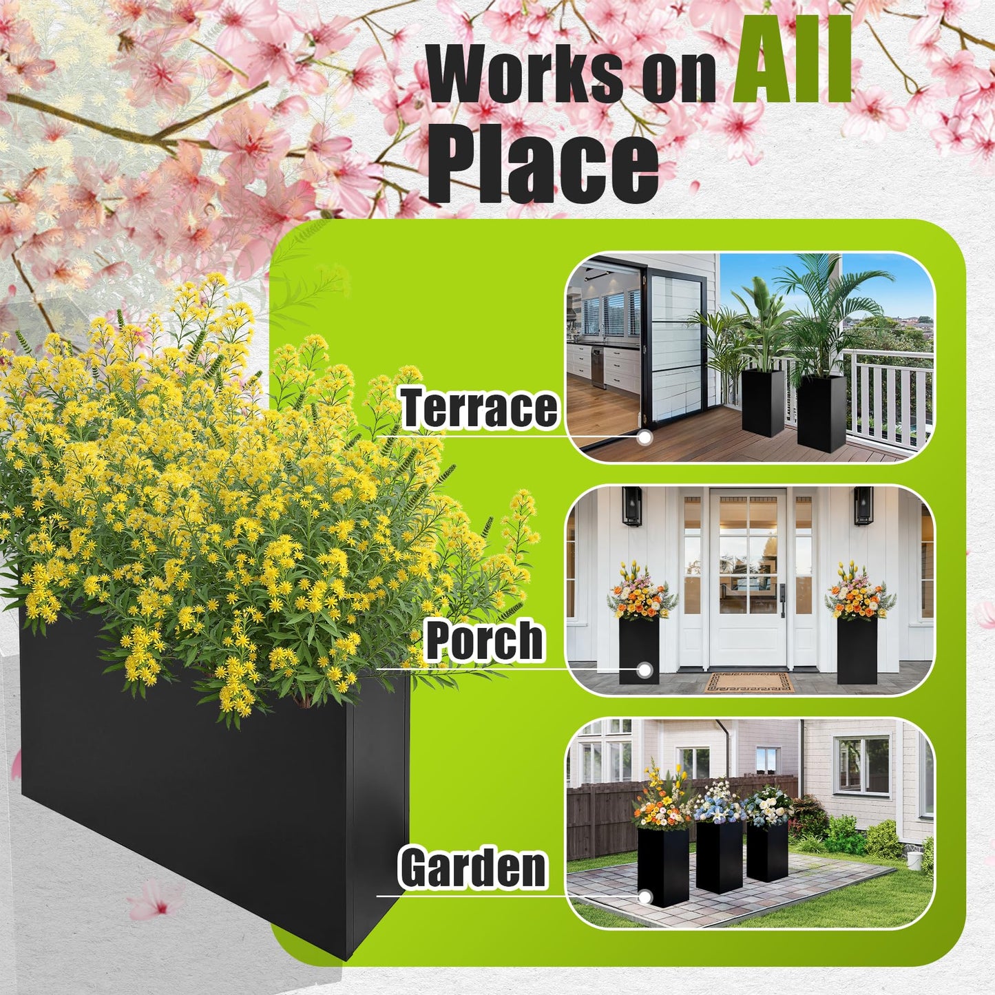 Fsehyue Metal Planter Box 38" x 10" x 30" Large Rectangular Planter Heavy Duty Galvanized Steel Tall Plant Boxes with Insert Shelf and Drainage Holes for Outdoor Patio Yard Garden Porch Terrace