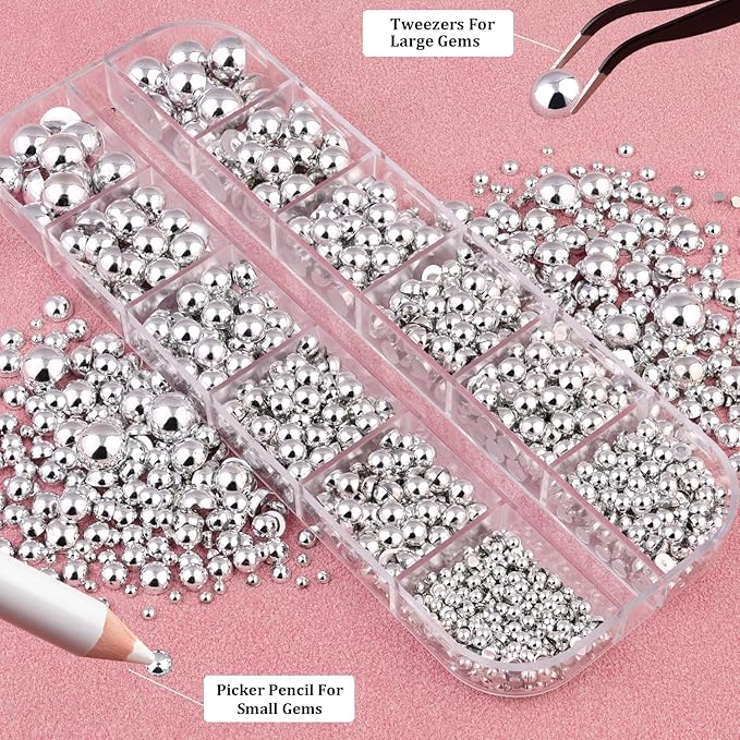 Belleboost Silver Nail Charms and Gems, 2 Boxes Half Round Flatback Pearl Nail Charms, Nail Pearls Rhinestones Silver Beads for Nails with Pencil and Tweezer for DIY Nail Art, Face Makeup and Crafting