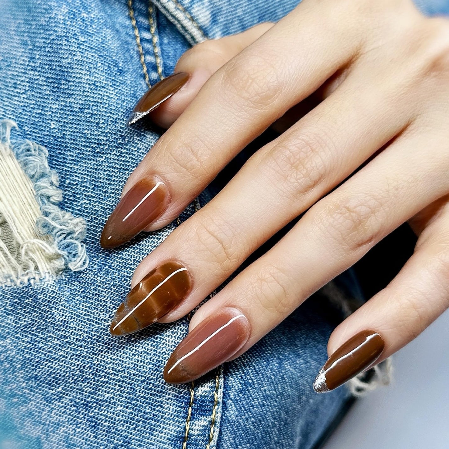 Sunruby Press On Nails Medium Almond Brown Cafe with Silver Glitter French Tip & More| Reusable Soft Gel Nails in 15 Sizes -30 Nail Kit with Glue | Designed in L.A, Handmade in Vietnam | Espresso Chic